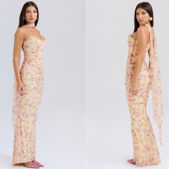 House of CB ‘Hallie & Cassidy’ Honeyflower Print Corset Maxi Skirt Set w/ scarf - Picture 3 of 8